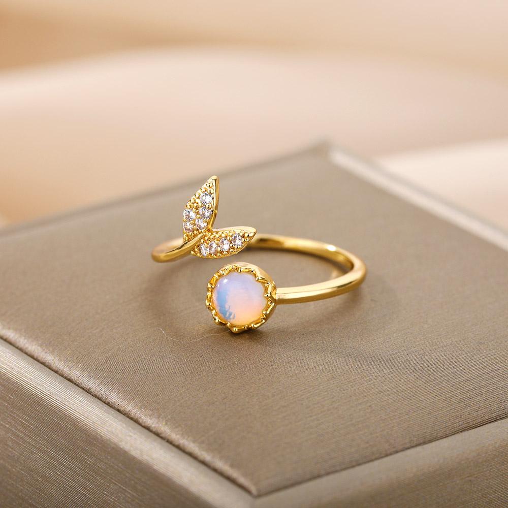 Fashion Leaves Opal Rings For Women Stainless Steel Opal Crystal Stone Leaves Finger Ring Engagement Bohemian Jewelry Gift