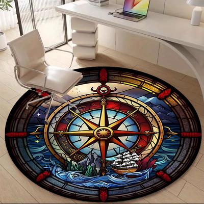 1PC Maritime Compass Office Round Area Rug, Indoor Mat Suitable ForOffice, Under Office Chairs Bedroom Living Room Home Decor, Room Deco, D094