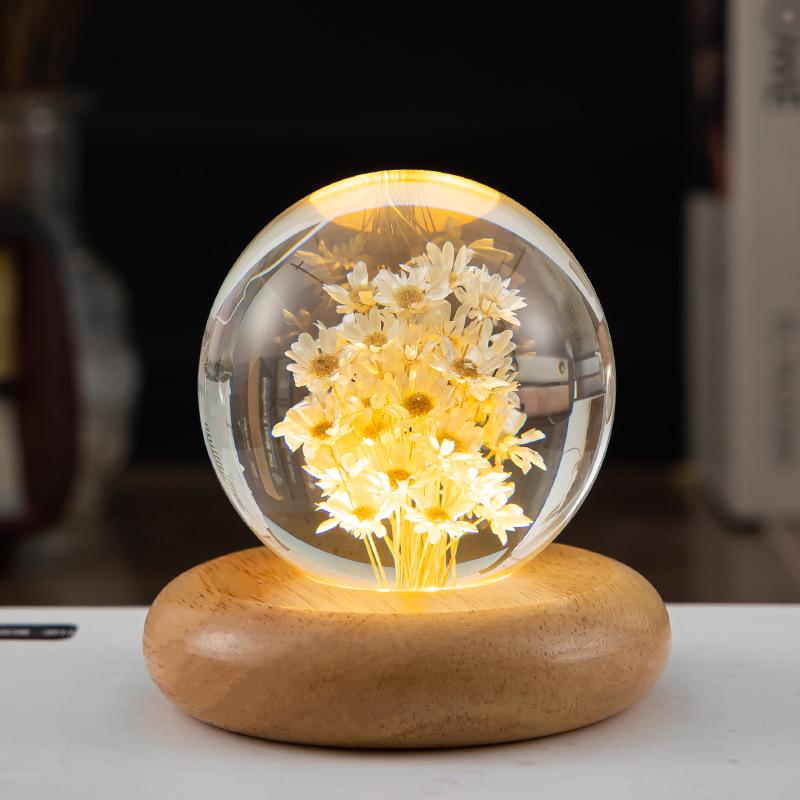 Dandelion Crystal Ball Night Light with Preserved Flower