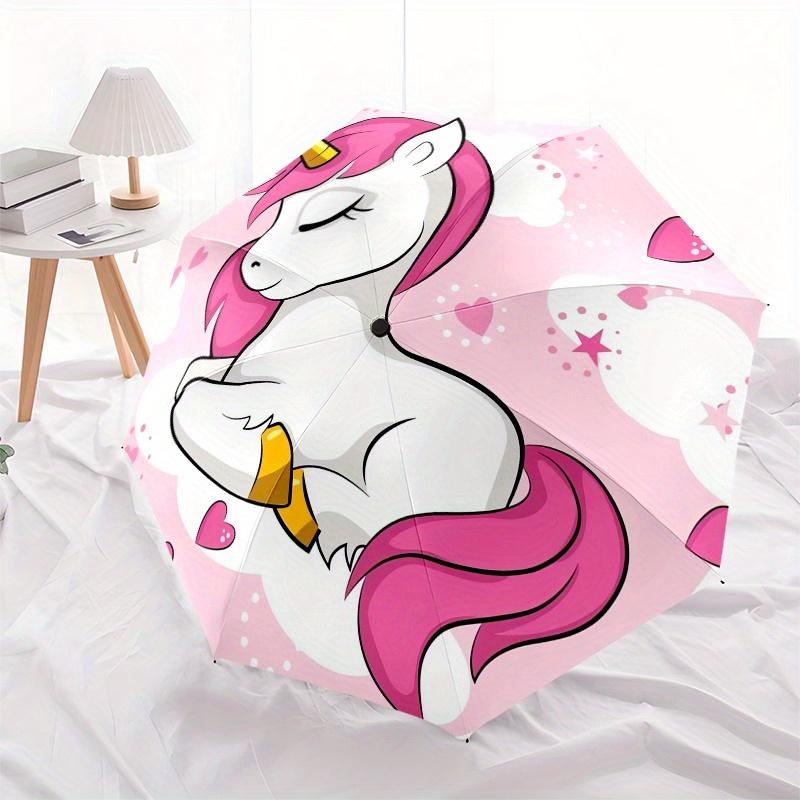 Unicorn, Hearts Automatic Folding Umbrella  8 Ribs, Durable Iron Frame, Bright Color Pattern Compact Travel Umbrella, Suitable for Outdoor,