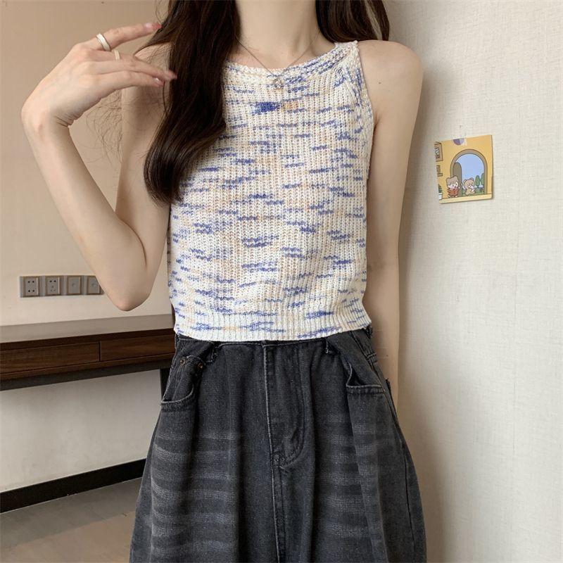 Summer Women's Rainbow Striped Knitted Camisole Sleeveless Short Bottoming Shirt Top Vest for Women