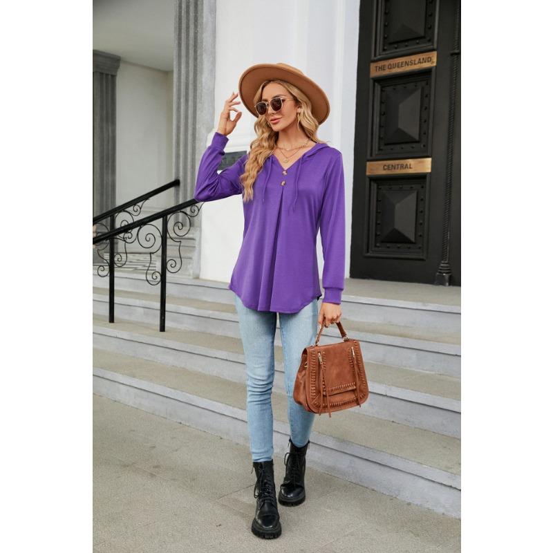 Frühling und Herbst Damen Bluse Einfarbig V-Ausschnitt Knopf Kapuze Lose Langarm Sweatshirt
