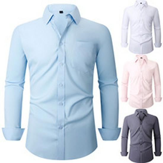 Men's White Four-Way Stretch Wrinkle-Resistant Long Sleeve Shirt - Formal and Casual Plus Size
