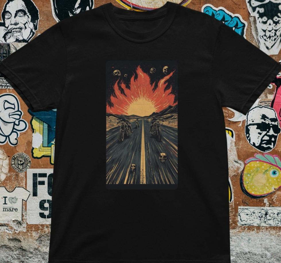 Biker Flame T-Shirt – Gothic Motorcycle Rider Graphic Tee Dark Road Fire Skull S
