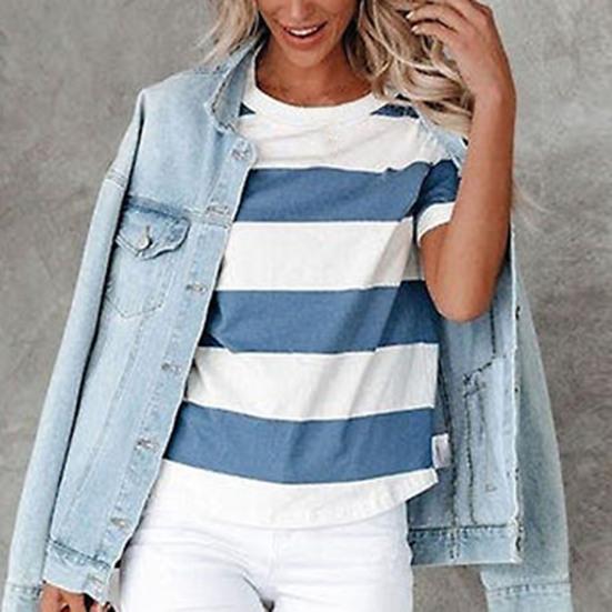 T-shirt ample à manches courtes et col rond pour femmes, rayé bleu et blanc imprimé, blouse d'été streetwear