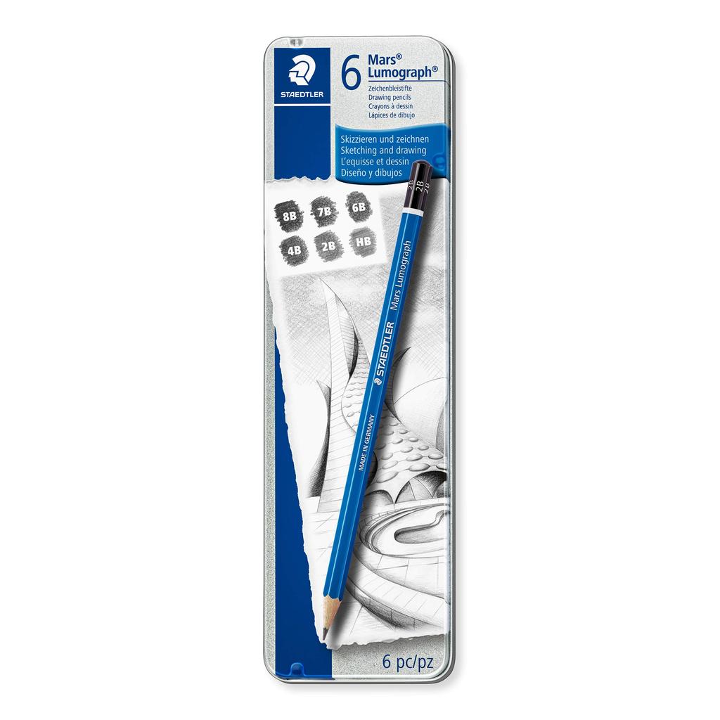 STAEDTLER Mars Lumograph 6 Hardness Set for Writing and 100 G6 Pencils, (8B, 7B, 6B, 4B, 2B, HB), Drawing,