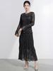 Miyake Style Women's Summer Pleated Skirt with Embroidered Lace Lining and Long-Sleeved T-Shirt Set