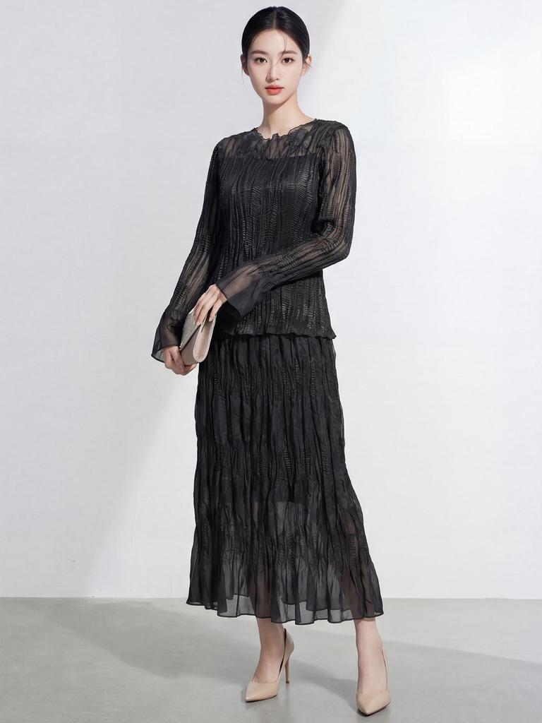 Miyake Style Women's Summer Pleated Skirt with Embroidered Lace Lining and Long-Sleeved T-Shirt Set