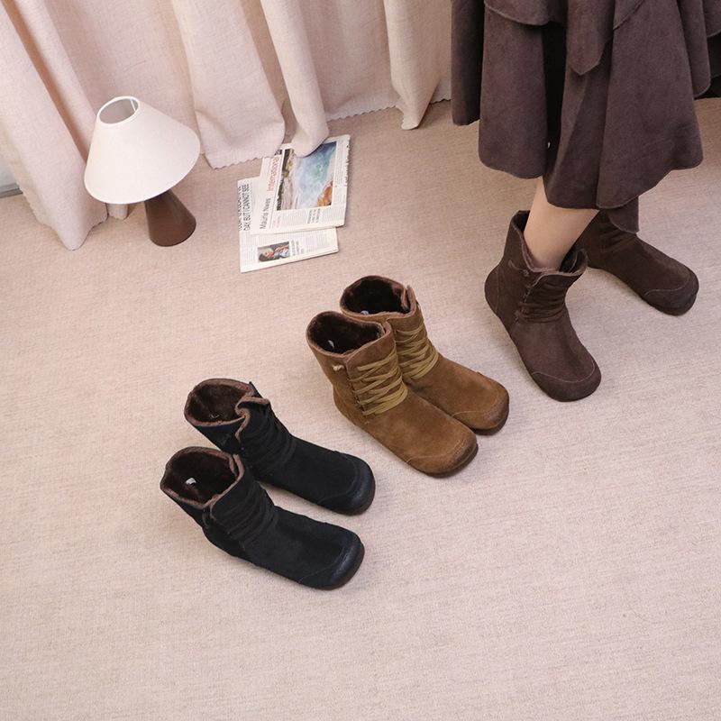 Johnature Plush Cow Suede Plush Women's Mid-calf Boots Retro Lace-up Warm Flat Bottom Snow Boots