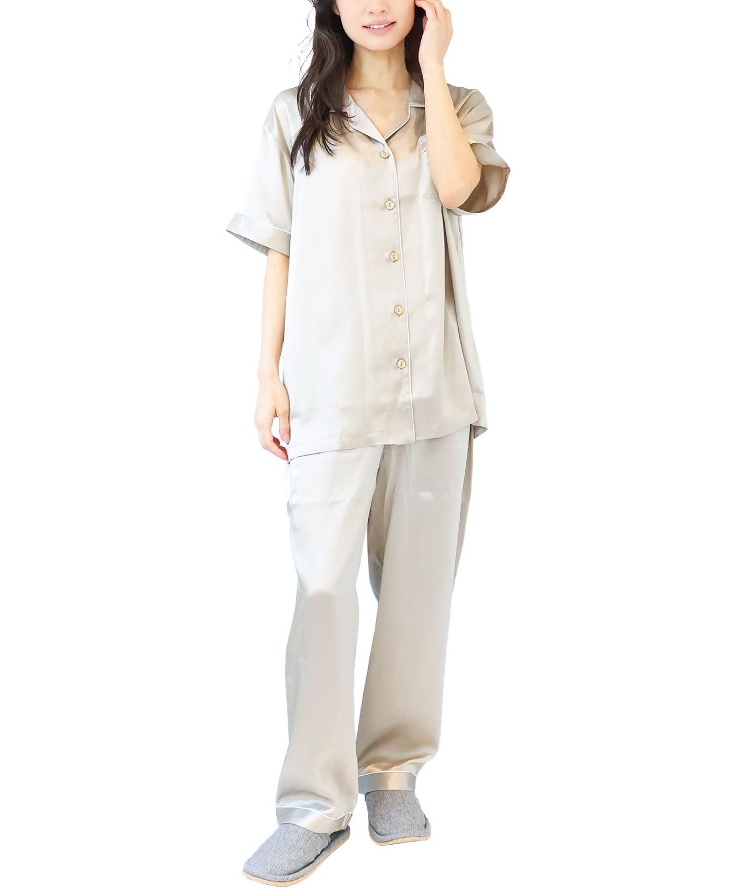 

ON NISHIKI Шелковый короткий премиум А6 19 Верх спереди и снизу Длинная домашняя одежда Женская пижама, Рукав, Лето, 100% шелк, Сорт, Момме, Открытие, Комплект,