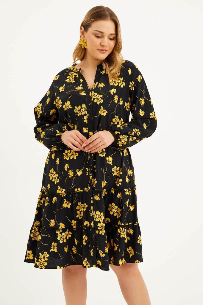 Women's Big Size Dress Ruffle Detailed Belted Dress