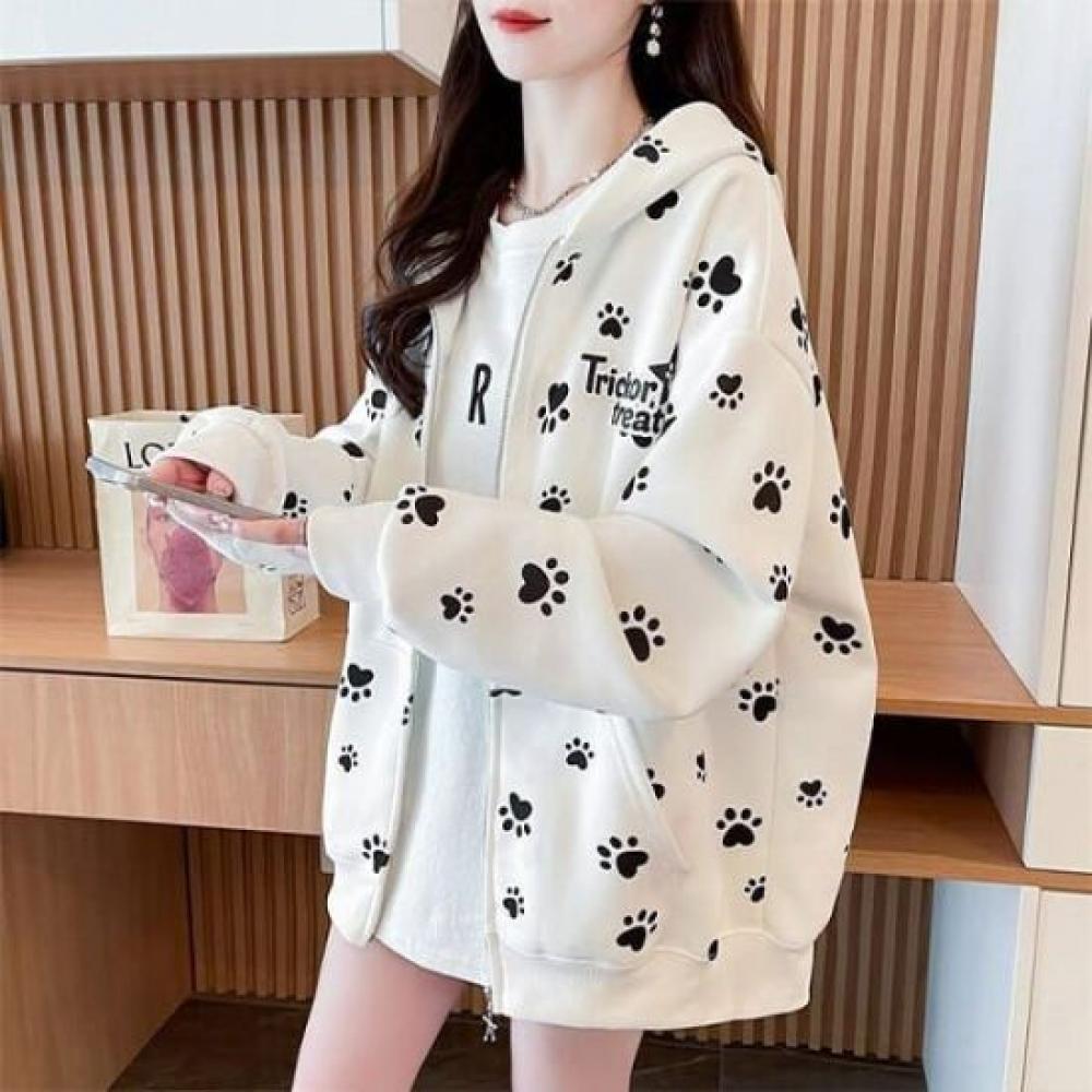 Navava Women Cute Footprint Long Sleeve Hooded Zip Up Nc358