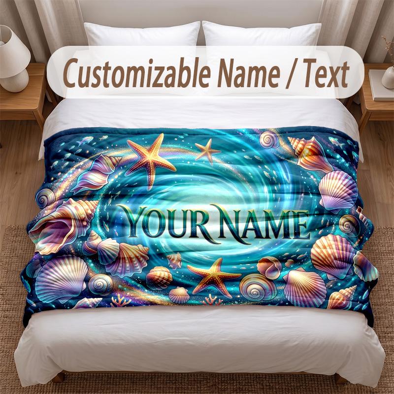 Fish Ocean Theme Soft Blanket Personalized Custom Name Text Print Warm Blanket Home Sofa Bedroom Decor