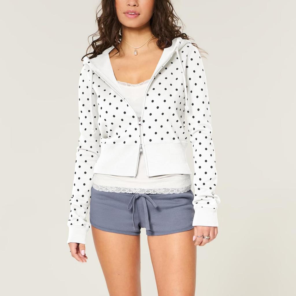 Giacca da Donna Casual a Pois con Cappuccio e Zip Manica Lunga per l'Uso Quotidiano