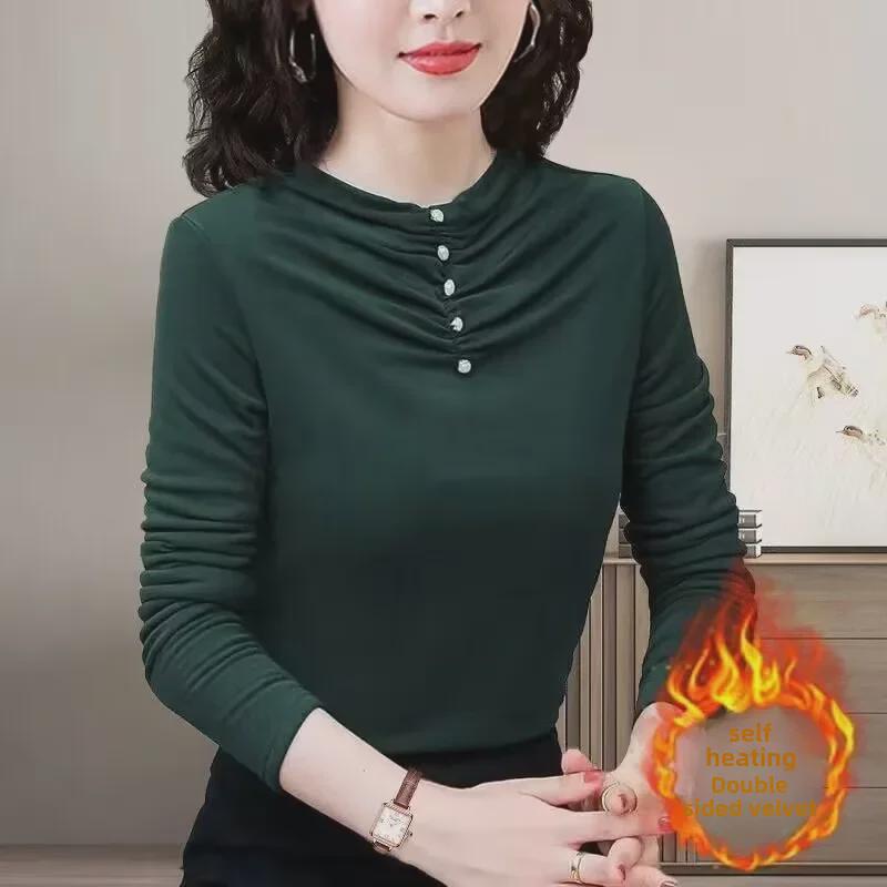 Women's Double-Sided Velvet Bottoming Shirt, Korean Style, Warm and Loose Fit for Middle-Aged, Plus Size, Autumn/Winter.