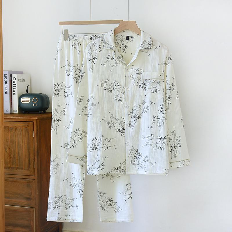 Couple's Pure Cotton Pajamas Set: Men's Long Sleeve & Pants, Women's Lapel Home Wear (Spring/Summer).