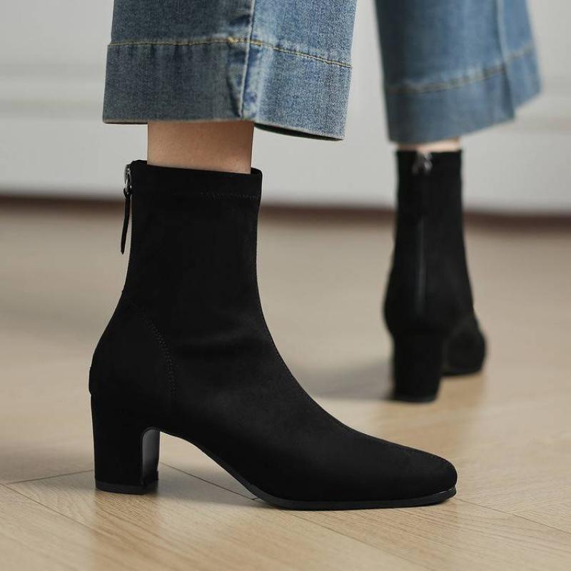 New elastic suede large size women's boots solid color high heel medium boots women's rear zipper beef tendon soft bottom Korean version fashion boots