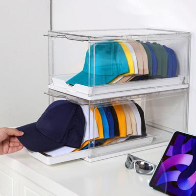Cap Box Organizer Transparent Design Hat Holder with Sliding Tray Stackable Storage Case with Magnetic Door
