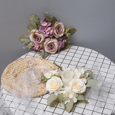 Artificial Rose Wreath Candle Ring Realistic Mini Faux Rose Garland with Plastic Base Candle Wine Decoration Weddings Party Dining Table Centerpiece