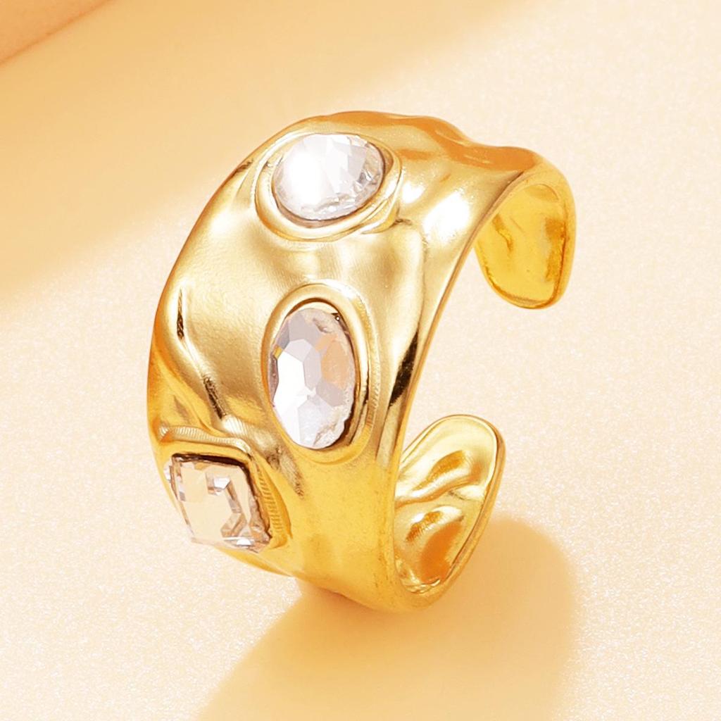 18K Gold-Plated Retro Geometric Crystal Open Ring for Women - Diamond Inlaid, Stainless Steel Jewelry