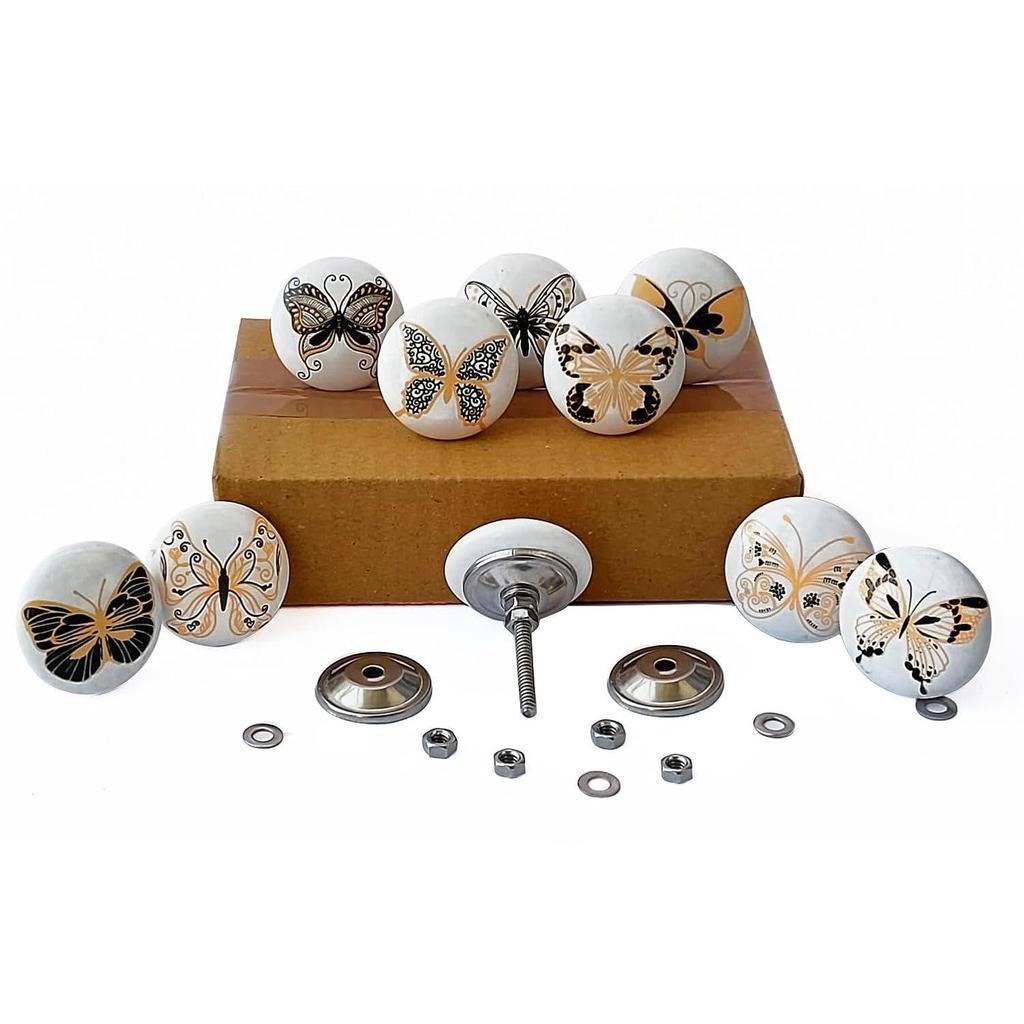 Vintage Golden and Black Painted Ceramic Pull Knobs for Kitchen Cabinet, Door & Drawer, Wardrobe, Cupboard (Set of 10)