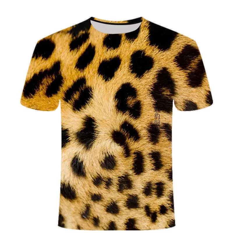 Leopard Printing T-shirt Contrasting Stripes Fleck O-neck T Shirt For Men And Women's Summer Fashion Comfortable Top