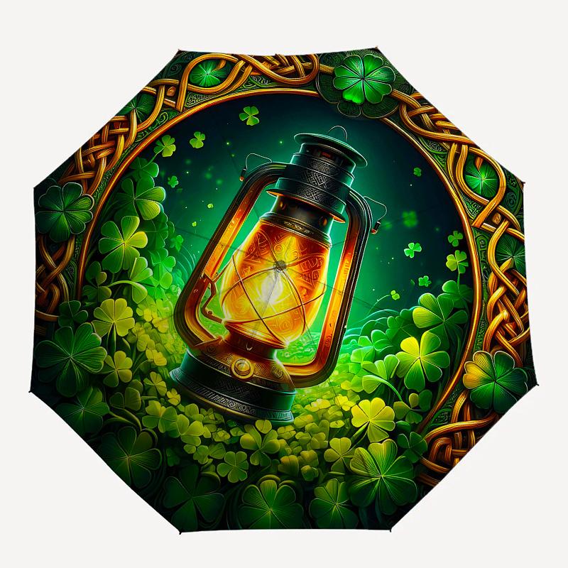 Shamrock Lantern: Irish Decor with Celtic KnotsUmbrella, Portable 3-Fold Compact Umbrella for Men & Women Gift