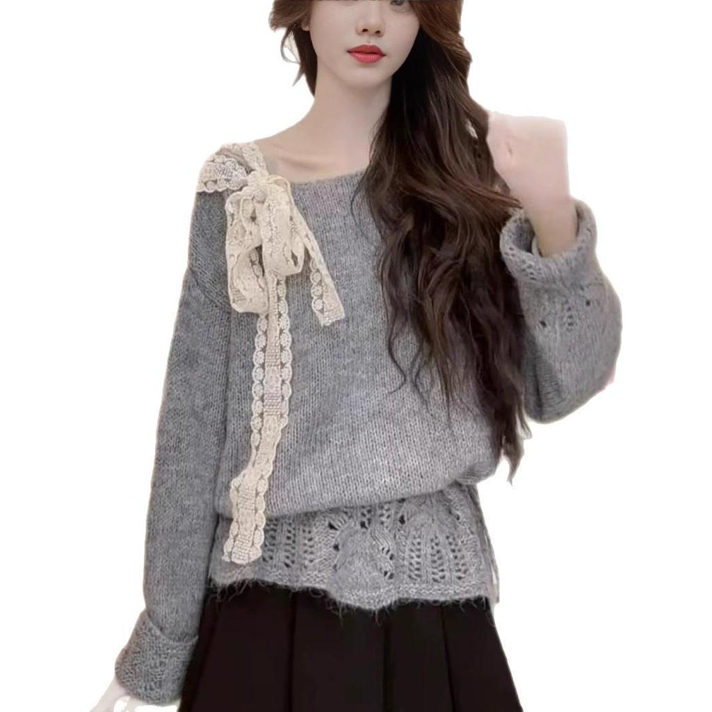 Lazy Style Knitted Lace-Up Bow Sweater - Women's Loose Fit for Autumn and Winter