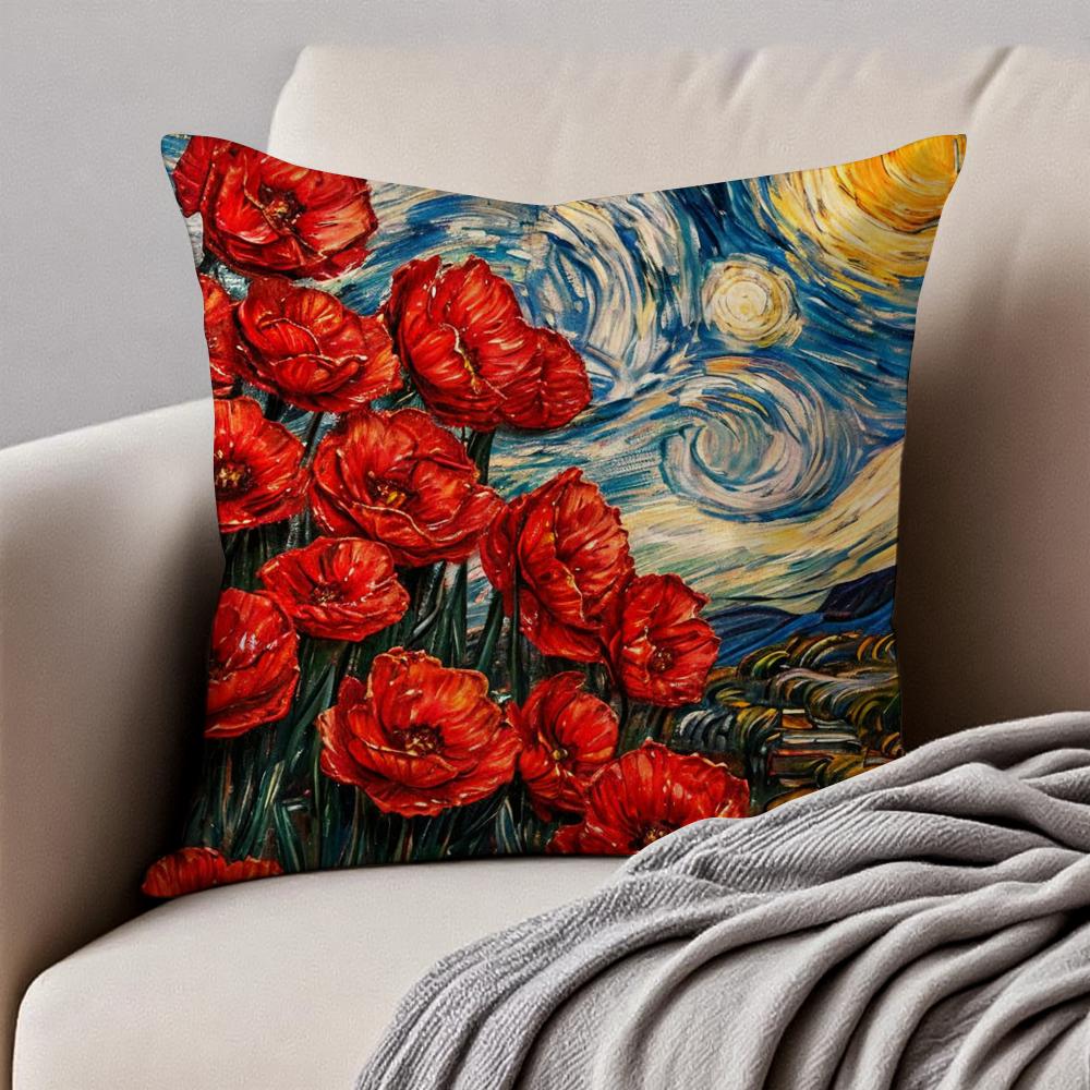 Van Gogh Starry Sky Dutch Painting Art Cushion Cover Pillowcase Antidustmite Invisible Zipper Short Plush Sofa Cushion