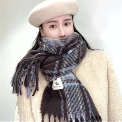 Haze Blue Checkered Scarf Korean Style High End Versatile Student Long Style Couple Warm Shawl and Scarf