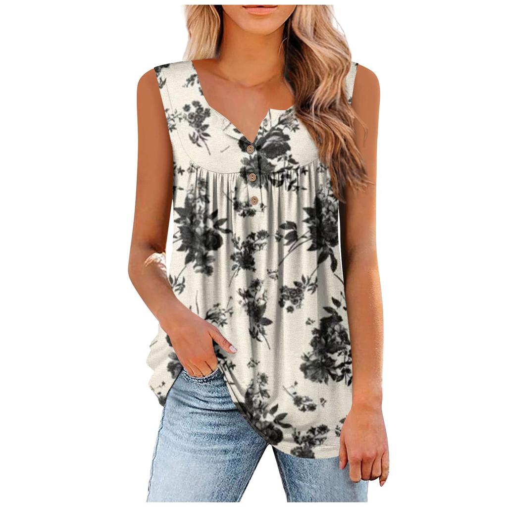 Women's Fashion Floral Printing Pleated Sleeveless Casual T-shirt Vest Button Top