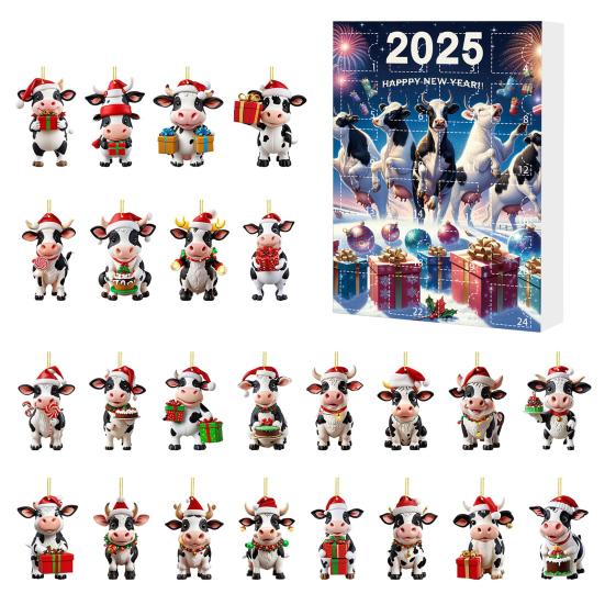 Kraví adventní kalendář 2025 24 dní odpočítávací kalendář do Vánoc s 2D akrylovými závěsnými ozdobami skotské vysočinské krávy Roztomilý kraví přívěsek na vánoční stromeček