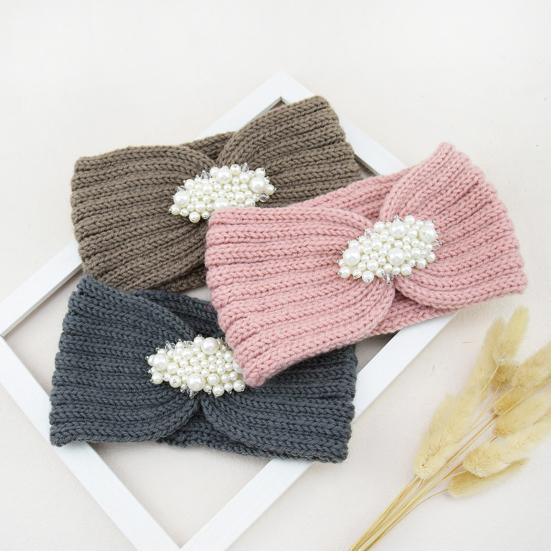 Knitted Headband Soft Stretchy Wide Band Hairband with Faux Pearl Headwrap Winter Hair Accents Solid Color
