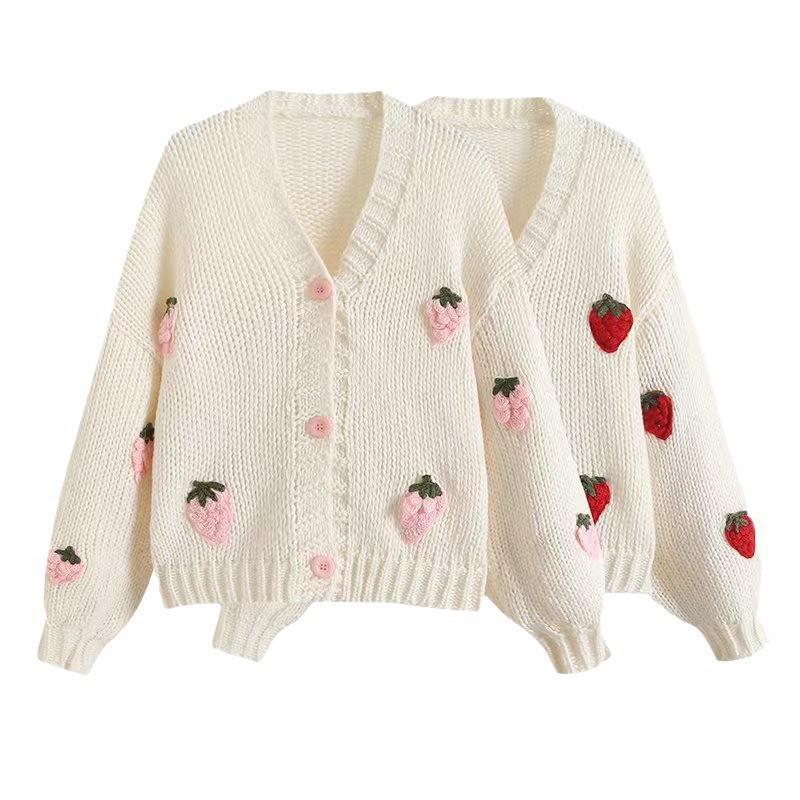 Versatile V-neck 3D Strawberry Knit Cardigan - Sweet, Fashionable, and Gentle Sweater