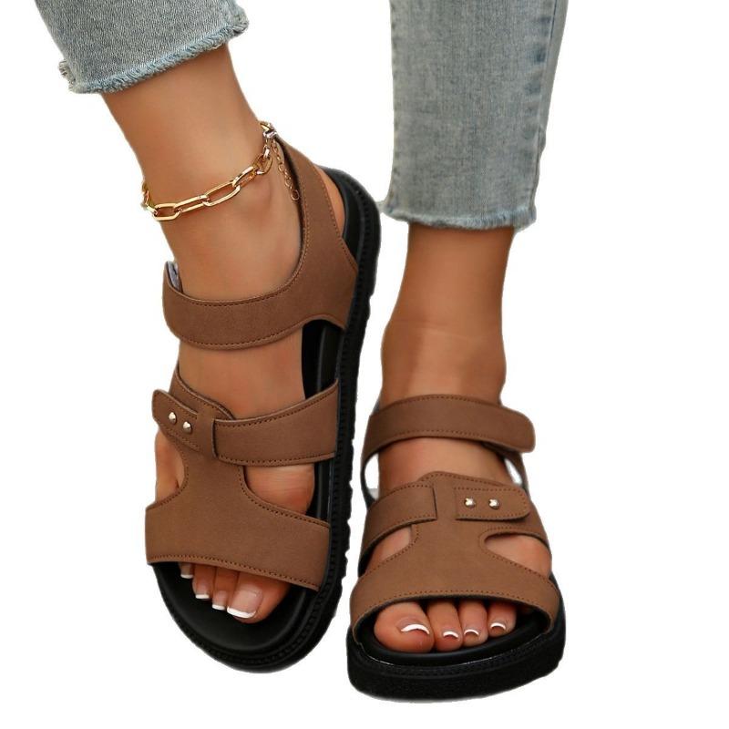 Large size slippers women's summer new one-word solid color casual versatile thick-bottomed Velcro beach cool slippers