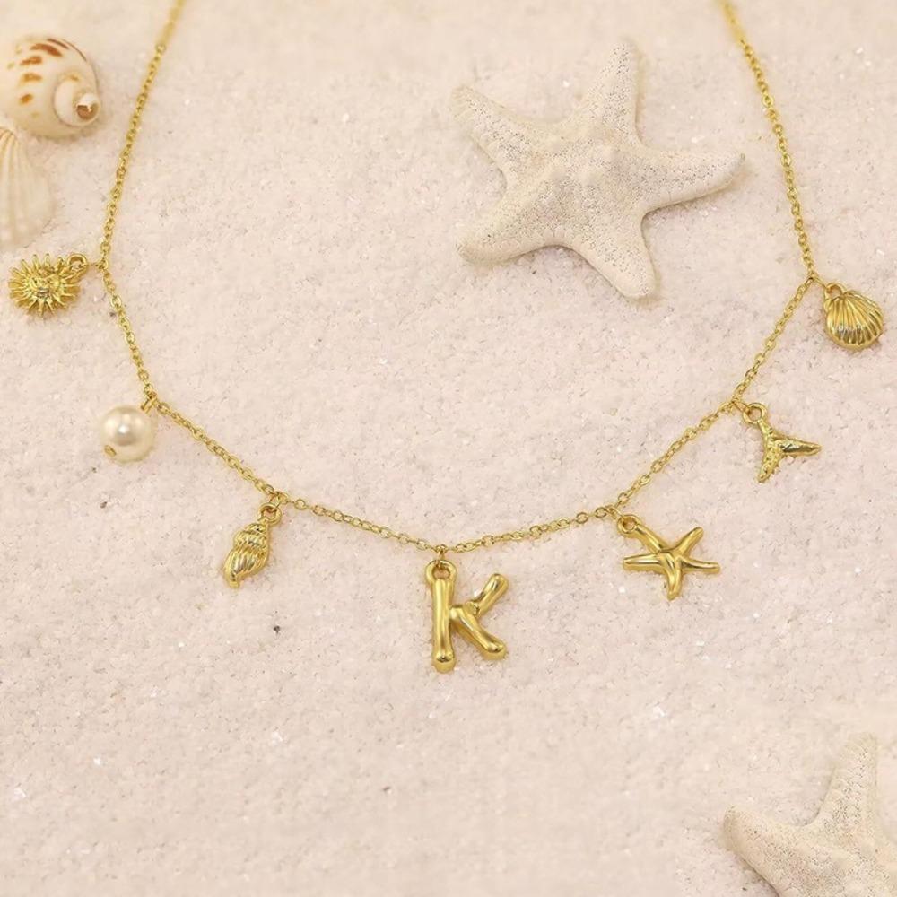 Copper Letter Pendant Necklace Gold Color Pearl Choker Personality Shell Necklace  Women