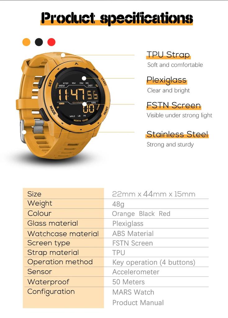 NORTH EDGE Mars Digital Watch Men's Sports Watches Dual Time Pedometer Alarm Clock Waterproof 50M Digital Watch Clock