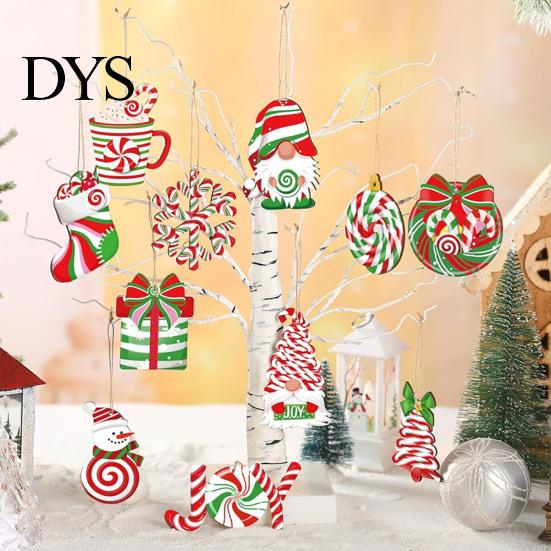 Handmade Wooden Ornaments for Holidays 12/24/36 Pcs Christmas Set, Red Green Striped Candy Cane Tree Country Style Decorations, Xmas Hanging