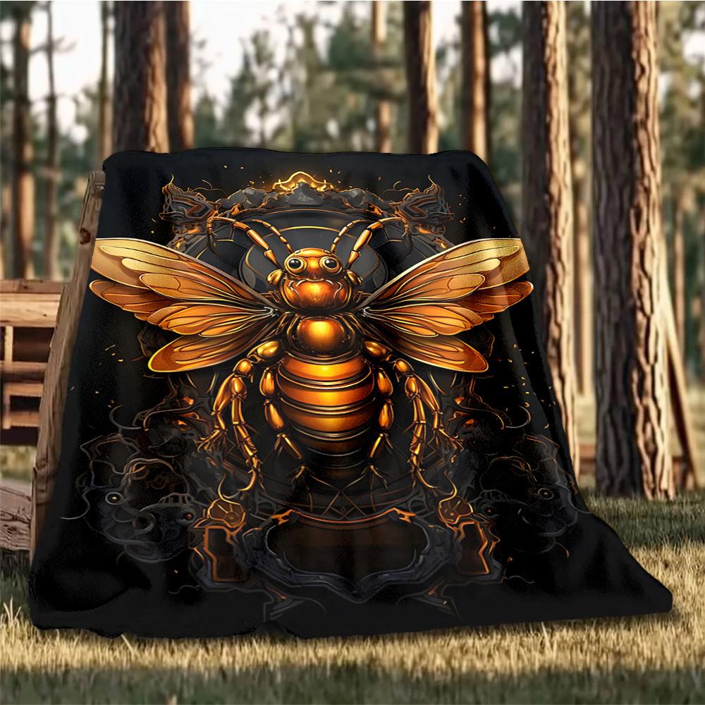 1pc Golden Bee Emblem Throw Blanket Polyester Fiber, Lightweight Flannel, Soft & Warm, All Season Use for Outdoor, Camping Digital Print