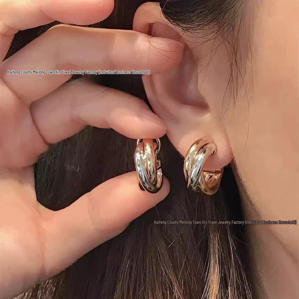 Elegant Tri-Color Three-Ring Earrings - Rose Gold Women's Jewelry