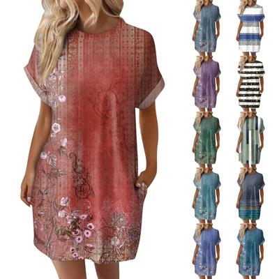 Damenmode Sommer Bedrucktes Lockeres Kurzarm Locker Sitzendes Mittellanges T-Shirt Kleid
