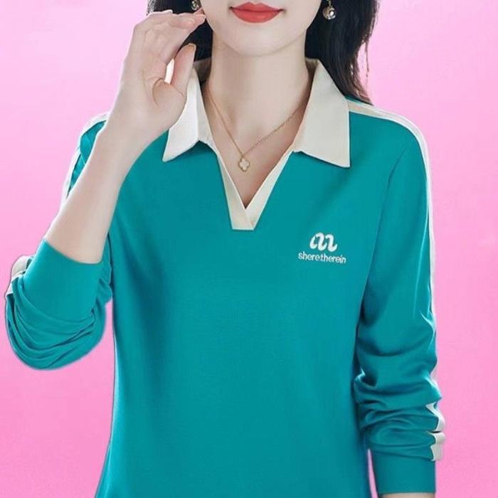 Long-sleeved T-shirt for Women's Fashionable Spring and Autumn New Arrival Top Base Shirt Middle-aged Mother's Lapel Slim Polo Shirt