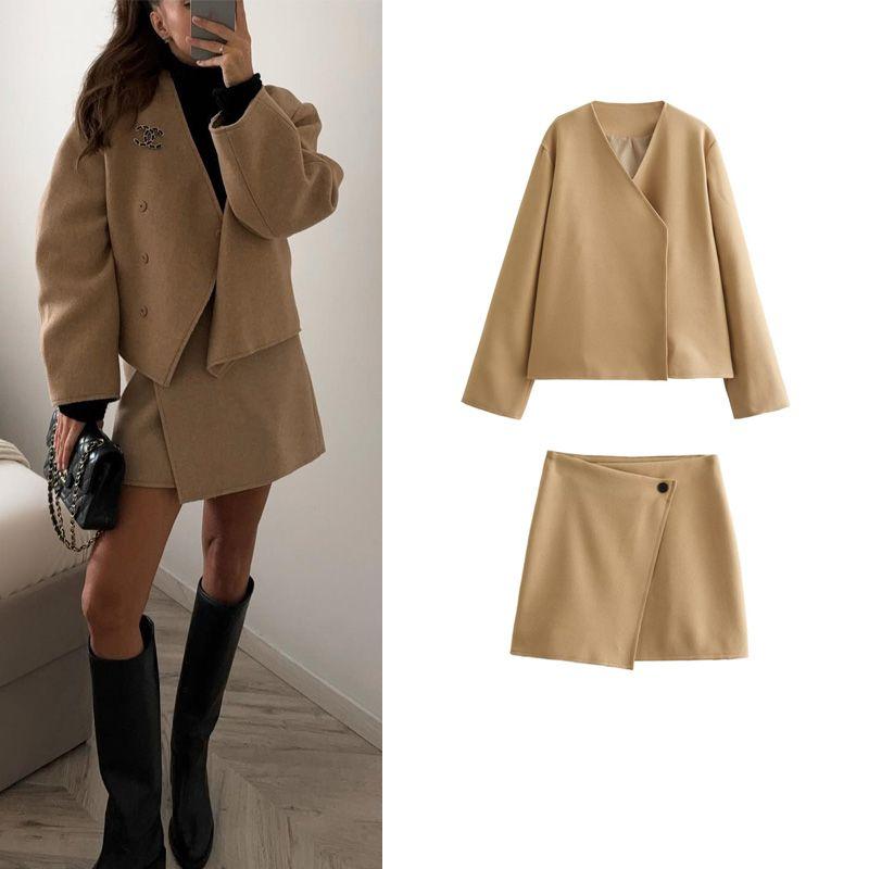 Spring New Leisure Suit European and American Beauty Bloggers Ins Woolen Outwear Female High Waist Asymmetric A- Line Skirt
