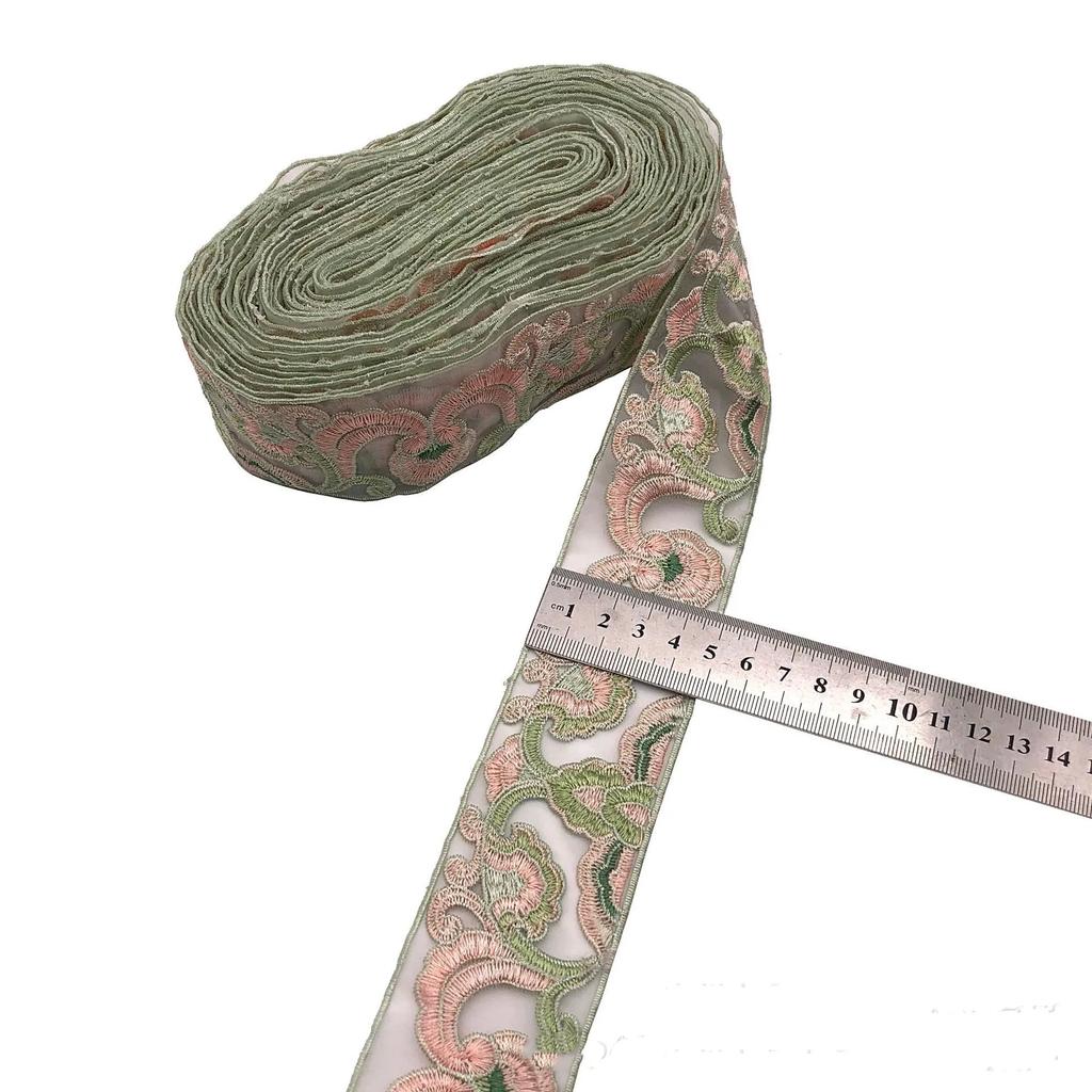 Organza Embroidered Lace Trim Ethnic Boho Ribbon for Hanfu, Kids Clothing & DIY Sewing, Sheer Floral Embroidered Tape by Yard