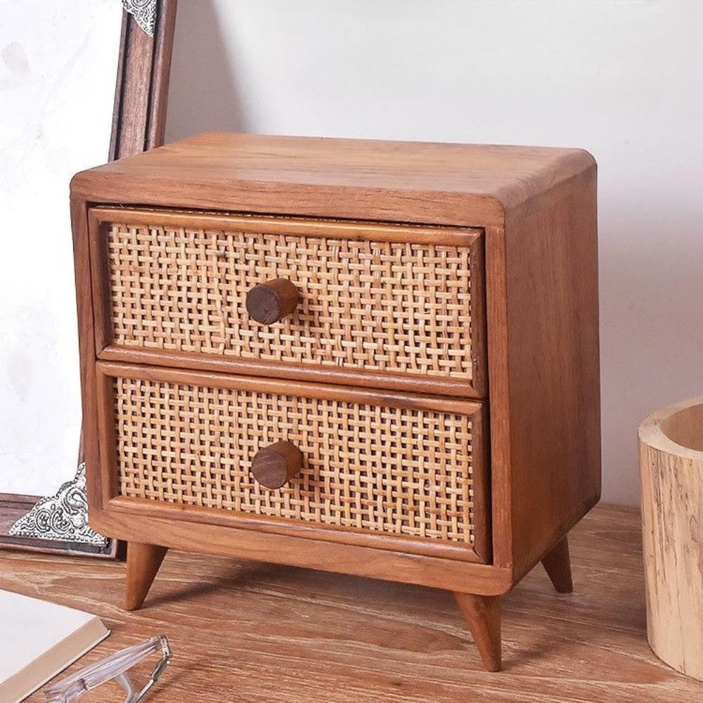 Retro-Stil Weinreben-Geflecht Organizer-Boxen Handgefertigte Schmuckschatulle Schreibtisch Massivholz Abnehmbarer Make-up-Organizer Heimdekoration Box