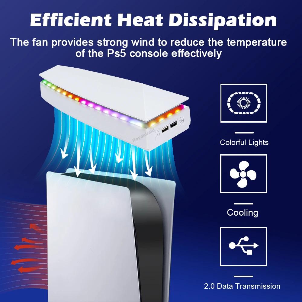 White Upper Cooling Fan Base Game Cooler Stand Bracket with RGB Atmosphere Colorful Lighting LED for PS5 Console with Dust Cover