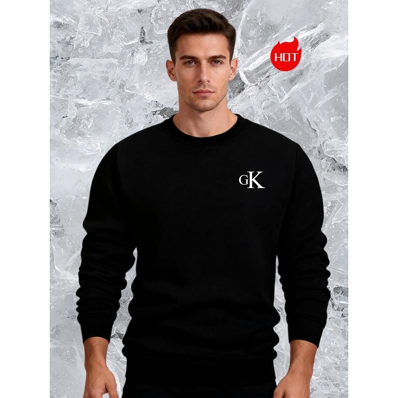 Men's Fleece-lined Sweatshirt - New Autumn/winter Collection - Casual Sports Crewneck Pullover - Gk | Minimalist Letter Print Base Layer