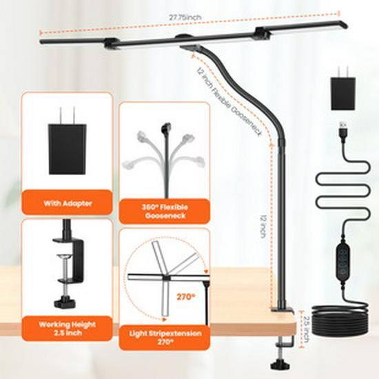USB LED Desk Lamp with Clip - AA Level Eye-Protective, Dimmable Study Light