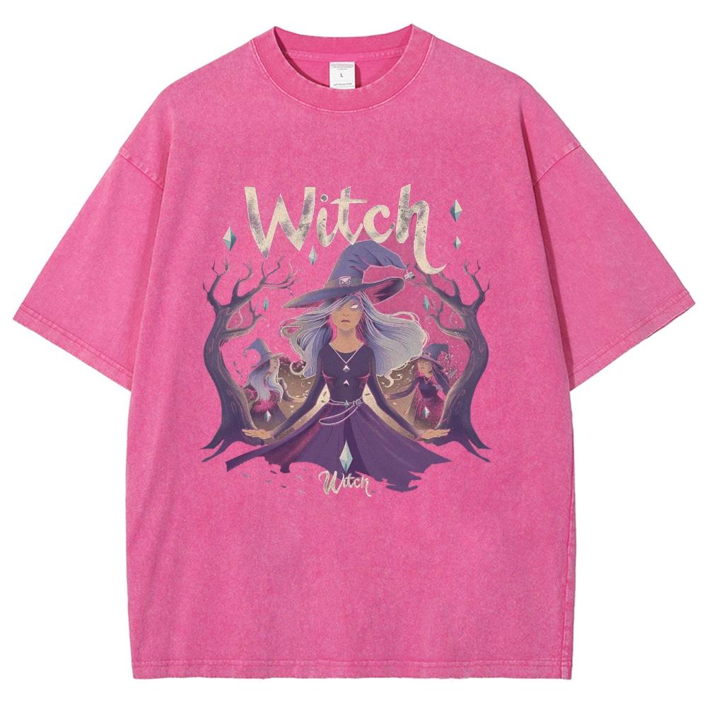 Distressed Harajuku Style Witch Print Women's T-Shirt Oversized Washed Short Sleeve Fabric Comfortable Unisex Tees
