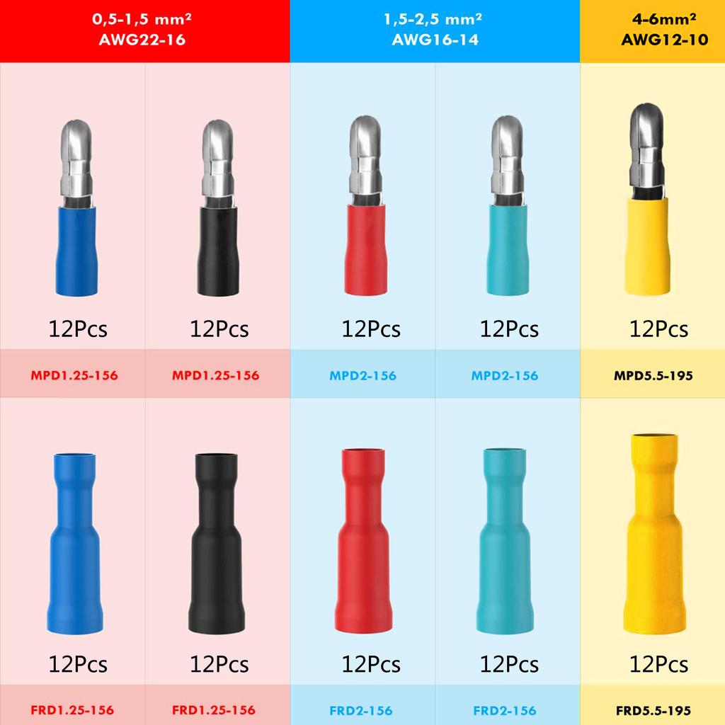 120 db Kábelhüvely Készlet Kerek Dugók és Kerek Csatlakozók Krimpelhető Csatlakozó Válogatás Kábelhüvelyek Kerek Tompacsatlakozó Autóhoz